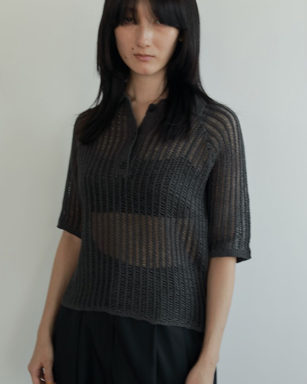 即納【anuke】Mesh Polo Knit　チャコール Mesh Polo Knit（ニット/セーター）｜anuke（アンヌーク）の
