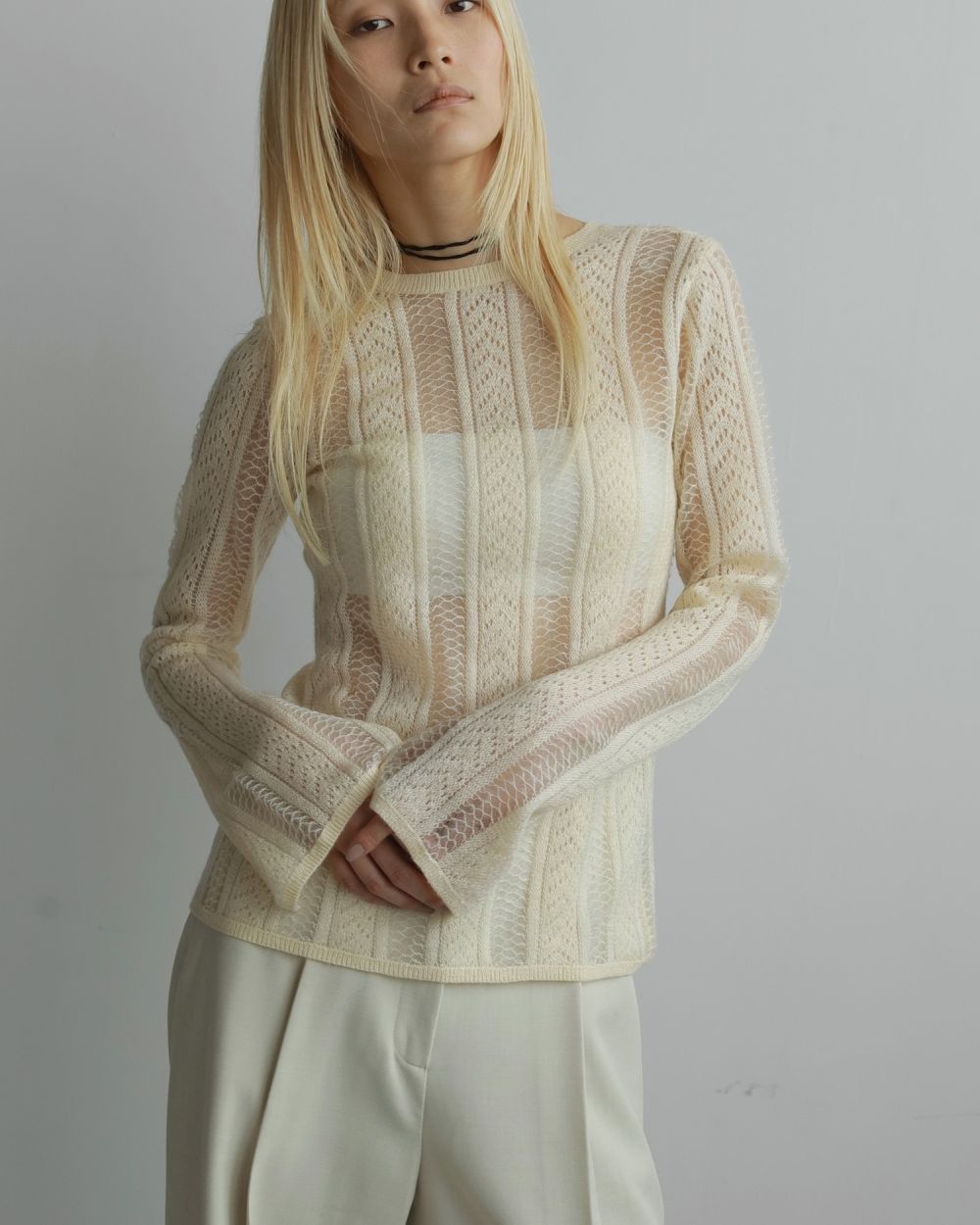 Sheer Ribbon Knit Sheer Ribbon Knit,シアー リボン ニット,62520520,ニット,トップス,ニットトップス,ストライプ,透け感,長袖,ànuke,アンヌーク,lifes,ライフズ,25aw