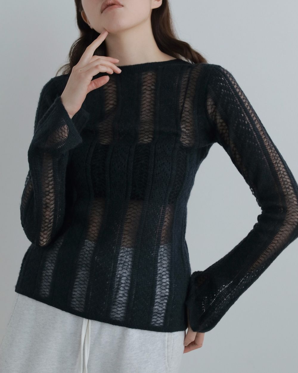 Sheer Ribbon Knit Sheer Ribbon Knit,シアー リボン ニット,62520520,ニット,トップス,ニットトップス,ストライプ,透け感,長袖,ànuke,アンヌーク,lifes,ライフズ,25aw