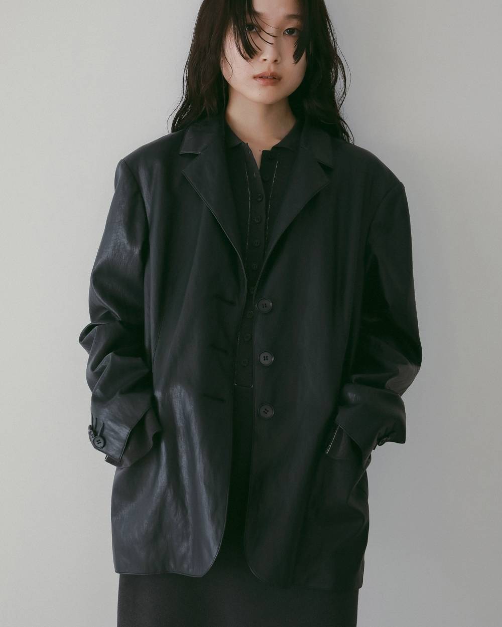 Ecoleather Tailored Jacket Ecoleather Tailored Jacket,エコレザー テーラード ジャケット,62610105,ジャケット,JK,アウター,羽織,オーバーサイズ,エコレザー素材,ànuke,アンヌーク,lifes,ライフズ,26ss